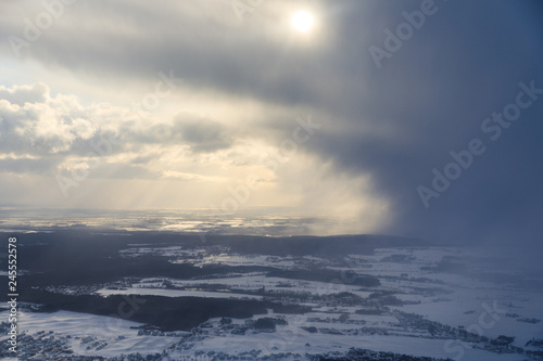 Aerial view of the stormy clouds in winter