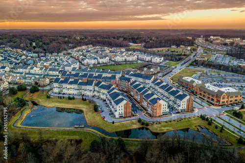 Aerial view of typical East Coast USA newly constructed suburban luxury townhouse community real estate in Maryland with brick facade the American Dream photo