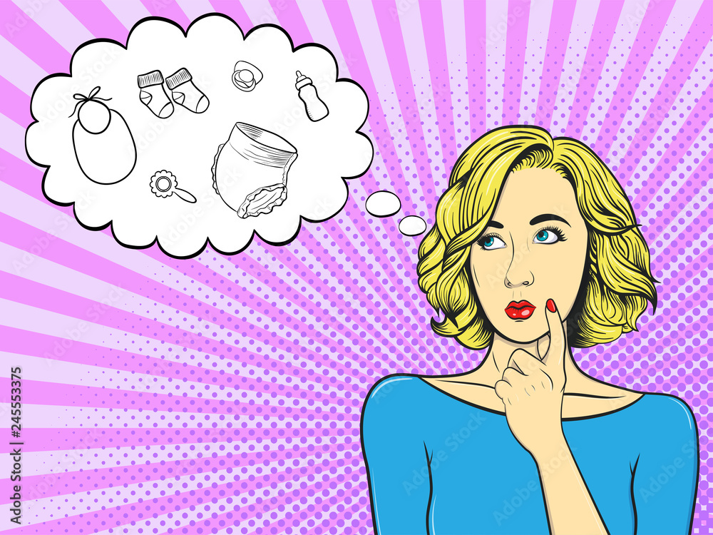 The girl thinks about pregnancy or the birth of a child. Woman in comic style. Pop Art vintage vector illustration The girl thinks about pregnancy or the birth of a child. Woman in comic style. Pop Art vintage vector illustration