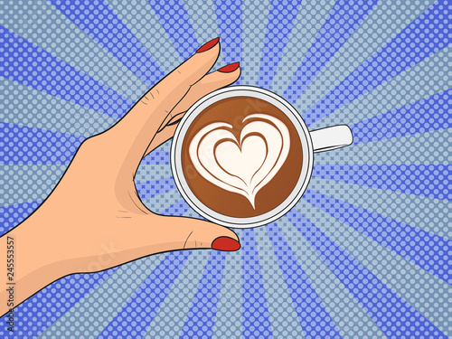 Hand holding cup of coffee. Pop Art vintage vector illustration