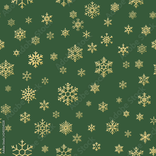 Gold and green snowflakes seamless Christmas pattern. EPS 10