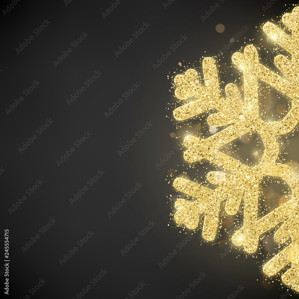 Sparkling glitter covered gold snowflake. Invitation happy New Year and Christmas card template. EPS 10
