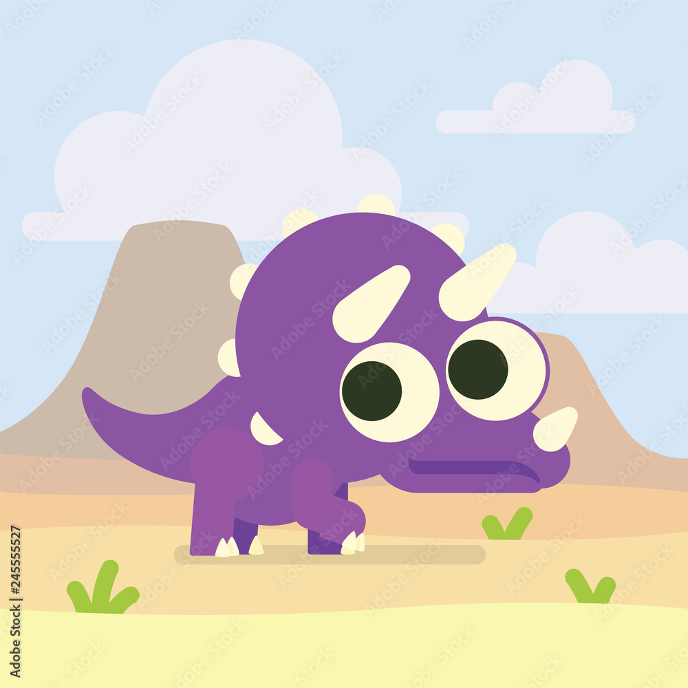 Cute Triceratops. Dinosaur life. Illustration of prehistoric character in  flat cartoon style on desert landscape background. Funny violet Ceratopsia  with big eyes. Element for design Stock Vector | Adobe Stock