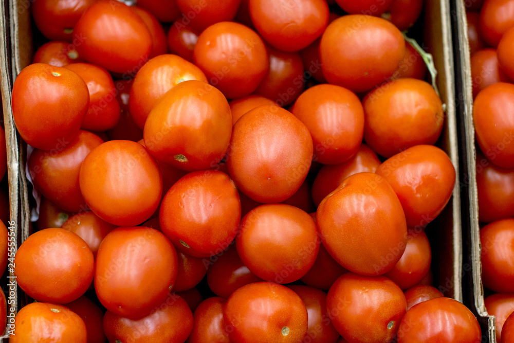 Fresh red tomatoes. Round tomatoes on the counter in the store. Fresh red tomatoes. Round tomatoes on the counter in the store.