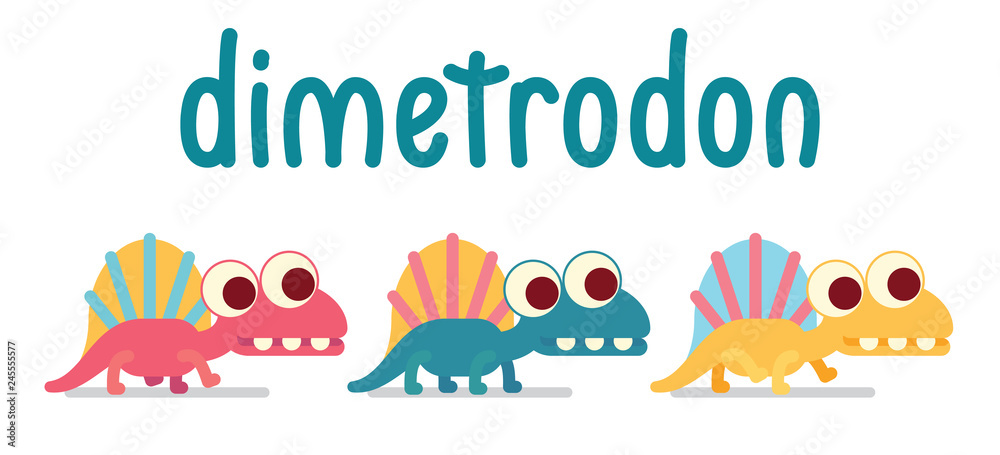 Cute Dimetrodon walking. Animal life. Vector illustration of prehistoric character in flat cartoon style isolated on white background. Funny apex predator with big eyes. Variants of coloring