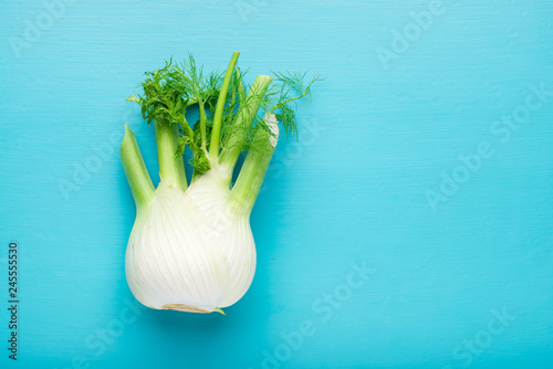 Fresh fennel bulb over blue wooden background, top view