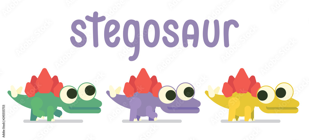 Naklejka premium Cute Sregosaurus walking. Dinosaur life. Vector illustration of prehistoric character in flat cartoon style isolated on white background. Funny Stegosaur with big eyes. Variants of coloring and pose