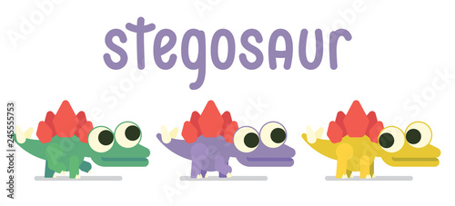 Cute Sregosaurus walking. Dinosaur life. Vector illustration of prehistoric character in flat cartoon style isolated on white background. Funny Stegosaur with big eyes. Variants of coloring and pose