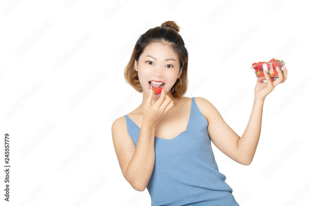 Chinese woman holding bowl of strawberries isolated on white background Chinese woman holding bowl of strawberries isolated on white background