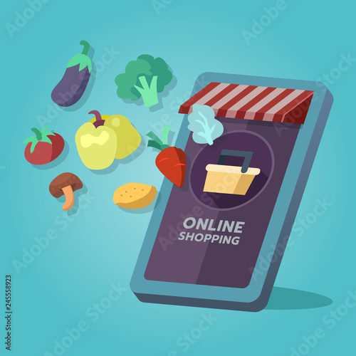 Online grocery shopping store, food goods. On mobile screen, buy process, online shopping concept. Vector illustration