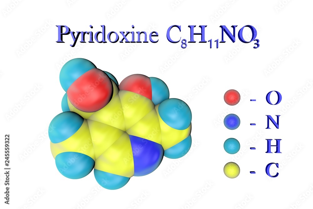 Molecular model of pyridoxine. Atoms are represented as spheres with ...