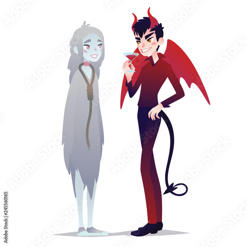 Couple of Halloween characters in cartoon style. Vector illustration of boy in costume of Devil and girl in costume of Ghost dressed up for Halloween masquerade party on white background. Costumes.