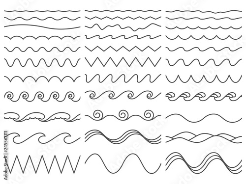 Wavy lines. Wiggly border, curved sea wave and seamless billowing ocean waves vector illustration set