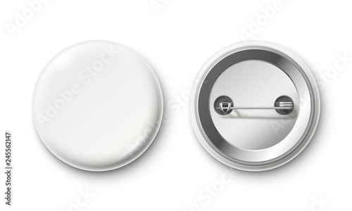 Blank button badge. White pinback badges, pin button and pinned back realistic isolated vector mockup