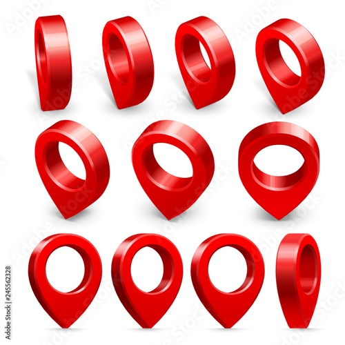 Pin pointer. Map 3d location point pins, arrow pointers and locate points pin mark isolated vector symbol set