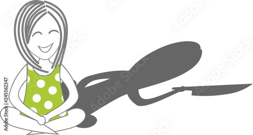 A woman or child sitting quietly with her shadow holding a knife