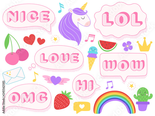 Cute lol stickers. Wow, omg and nice girls doll sticker. Funny surprise pink patches with dotted texture isolated vector set