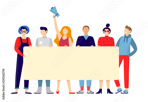 Protesting people group. Activists hold sign board or placard, team holding announce poster and active protest vector illustration
