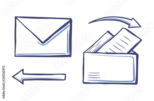 Arrows and correspondence, pointers and indicators design set vector. Mails and messages with pages and information. Letters in envelope with data