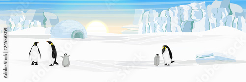 Ice dwelling igloo. Settlement Eskimos. A flock of realistic imperial penguins. Penguins are parents and their chick. The glacier and the snow-covered plain. Landscapes of the Antarctic.