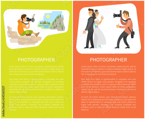 Wedding photo session of newlyweds by photographer. Groom in suit and bride wearing gown, funny spy pose. Traveler making photo of valley in mountain