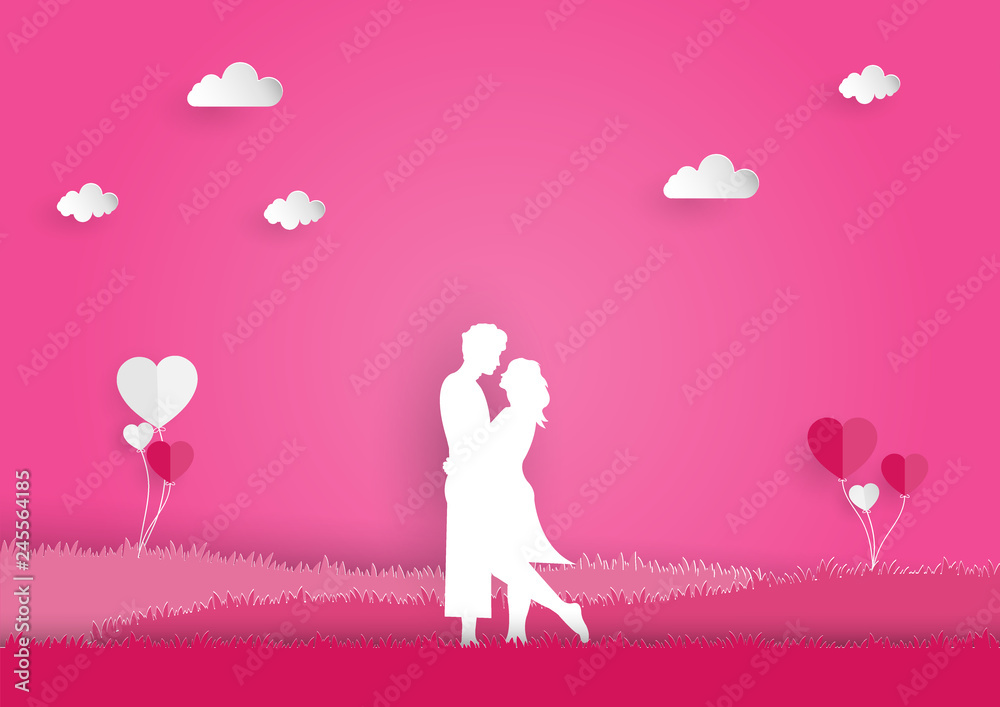 Fototapeta concept valentine day lover honeymoon grass tree and romantic balloons and vector and illustration holiday travel