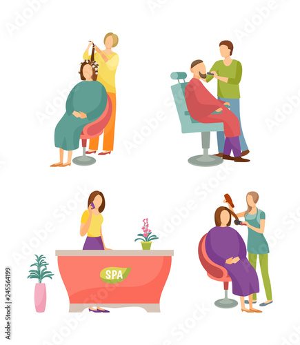 Spa salon barber for man hairdresser set of icons vector. Styling for male and female, receptionist accepting appointment making calls to clients