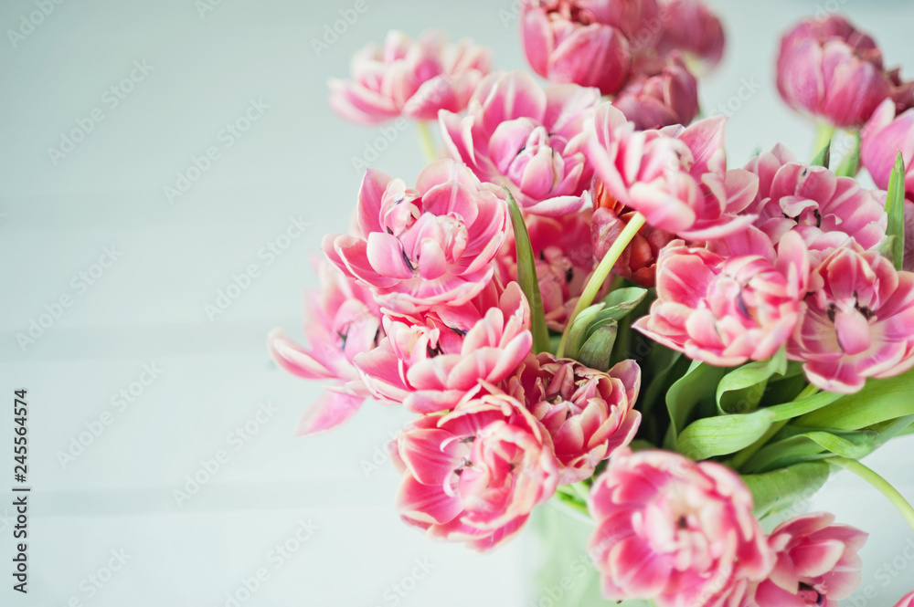 Bouquet of pink tulips. close up of a tender spring bouquet. bridal bouquet of tulips on a light background.