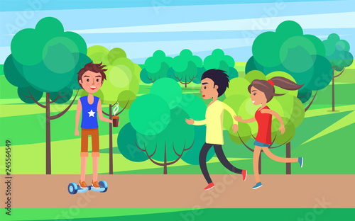 Student teenagers jogging and going for sport in park with trees. Male on hoverboard with coffee cup in hand. Boy with hot beverage and people vector