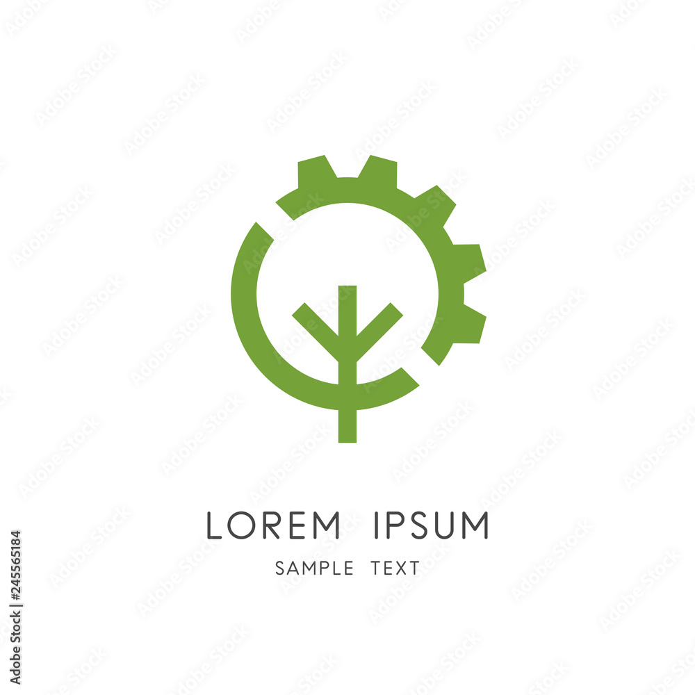 Tree and gear wheel logo - plant and pinion symbol. Green power and alternative energy source, industry and nature, environment and ecology vector icon. Tree and gear wheel logo - plant and pinion symbol. Green power and alternative energy source, industry and nature, environment and ecology vector icon.