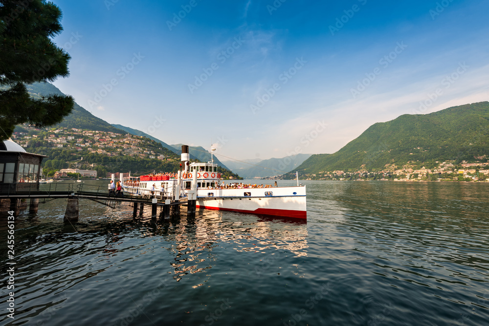 Anchored boat on Como Lake .This is the most beautiful lake on the world. It has an area of 146 square kilometres and it is  the third largest lake in Italy, 