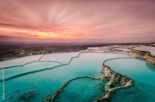Vászonkép Carbonate travertines the natural pools during sunset, Pamukkale
