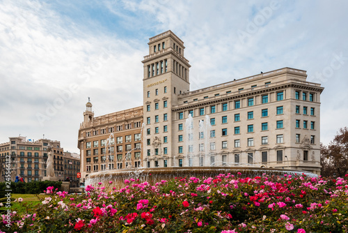 Flowers and fountain at Placa de Catalunya in Barcelona, Spain