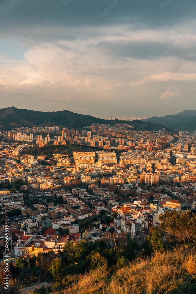 City and mountains view from Bunkers Del Carmel, in Barcelona, Spain