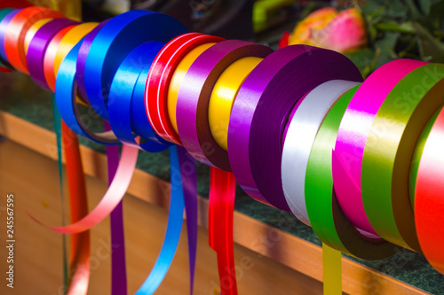 Photos An assortment of multicolored decorative ribbons in the decor shop
