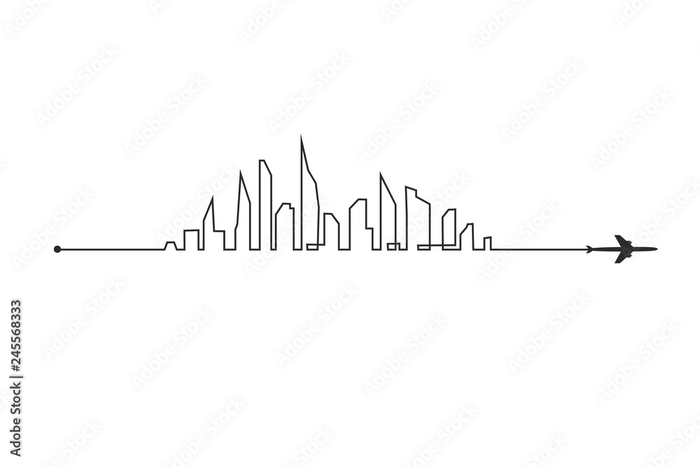 Plane and its track and skyline on white background. Vector illustration. Aircraft flight path and its route Plane and its track and skyline on white background. Vector illustration. Aircraft flight path and its route