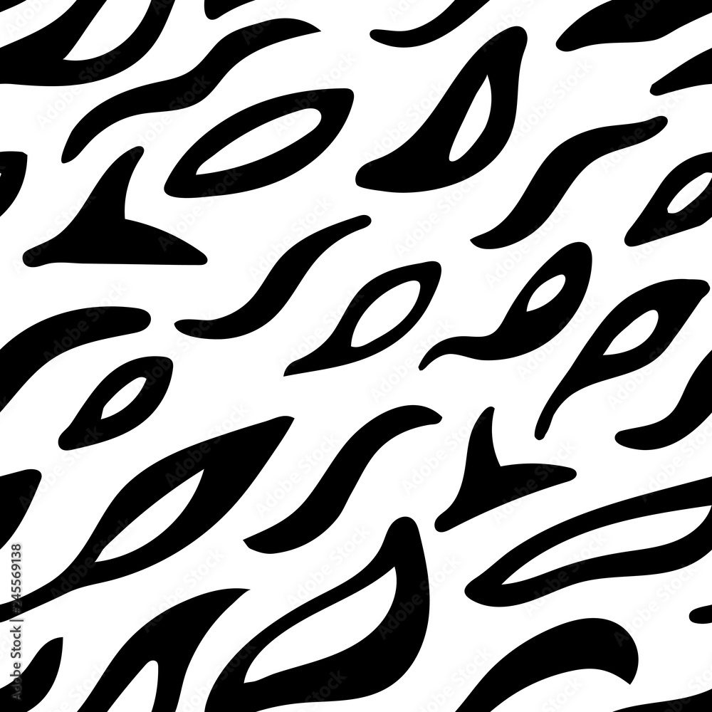 Black and white hand-drawn seamless pattern with different diagonal shapes. Endless monochrome texture. Animal skin ornament. Geometric background. 