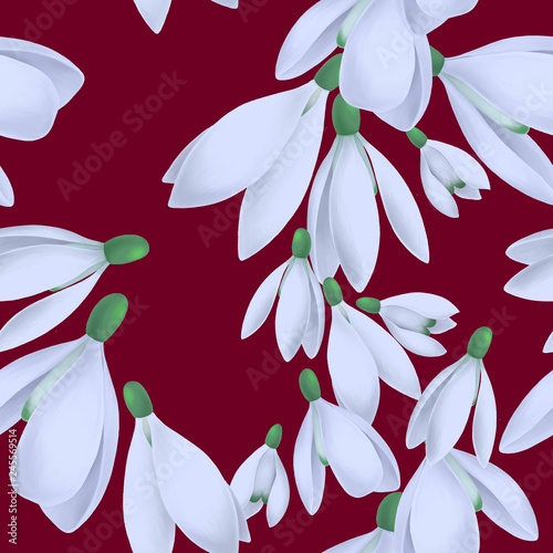 Seamless pattern with white snowdrops on burgundy background