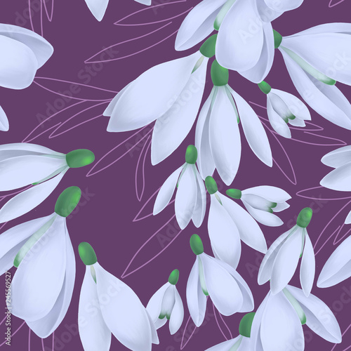 Seamless pattern with white snowdrops on a purple background