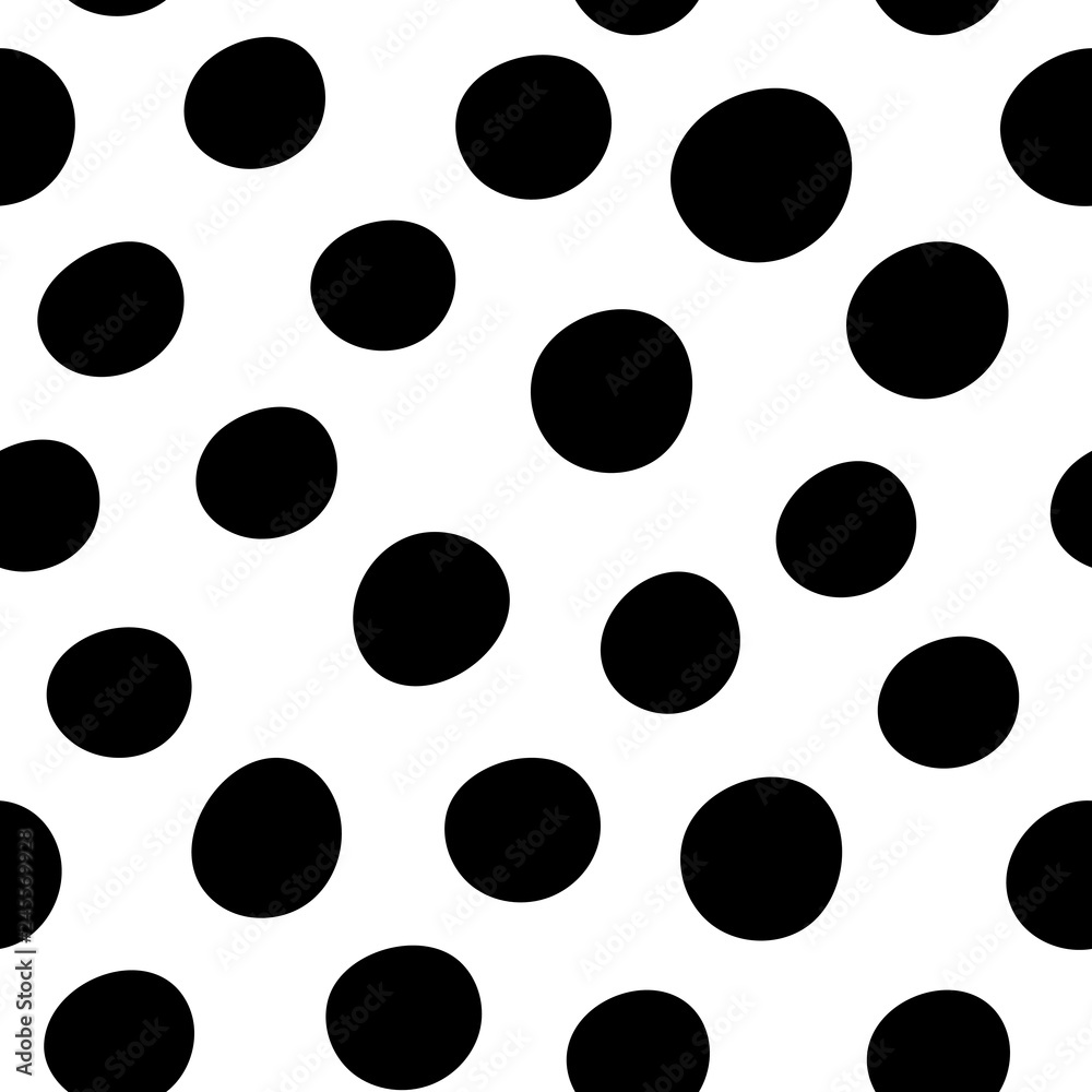 Vector round monochrome seamless pattern with hand drawn various black circles in chaos isolated on white background. Endless black and white texture with stains. Abstract geometric print Vector round monochrome seamless pattern with hand drawn various black circles in chaos isolated on white background. Endless black and white texture with stains. Abstract geometric print