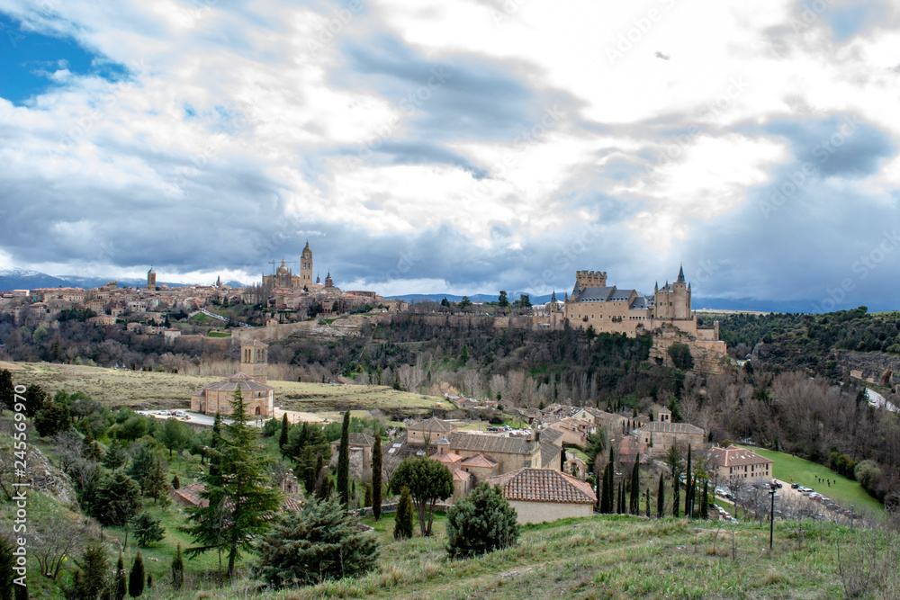 Segovia, Spain: March 2015: View over the town with its cathedral, alcazar and medieval walls in Segovia