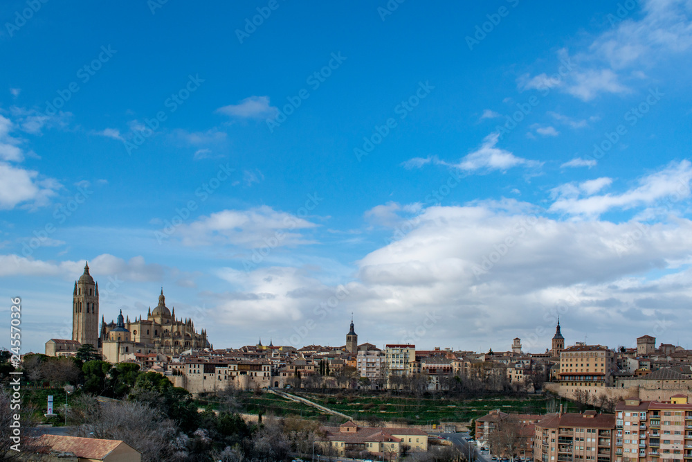 View over the town with its cathedral and medieval walls  in the historic city of Segovia