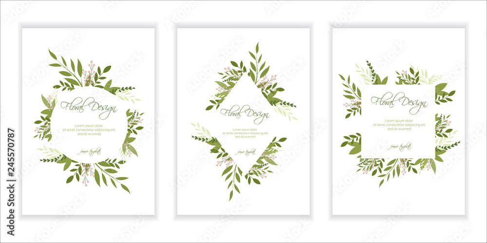 Banner on flower background. Wedding Invitation, modern card Design. Save the Date Card Templates Set with Greenery, Decorative Floral and Herbs Element. eps10.