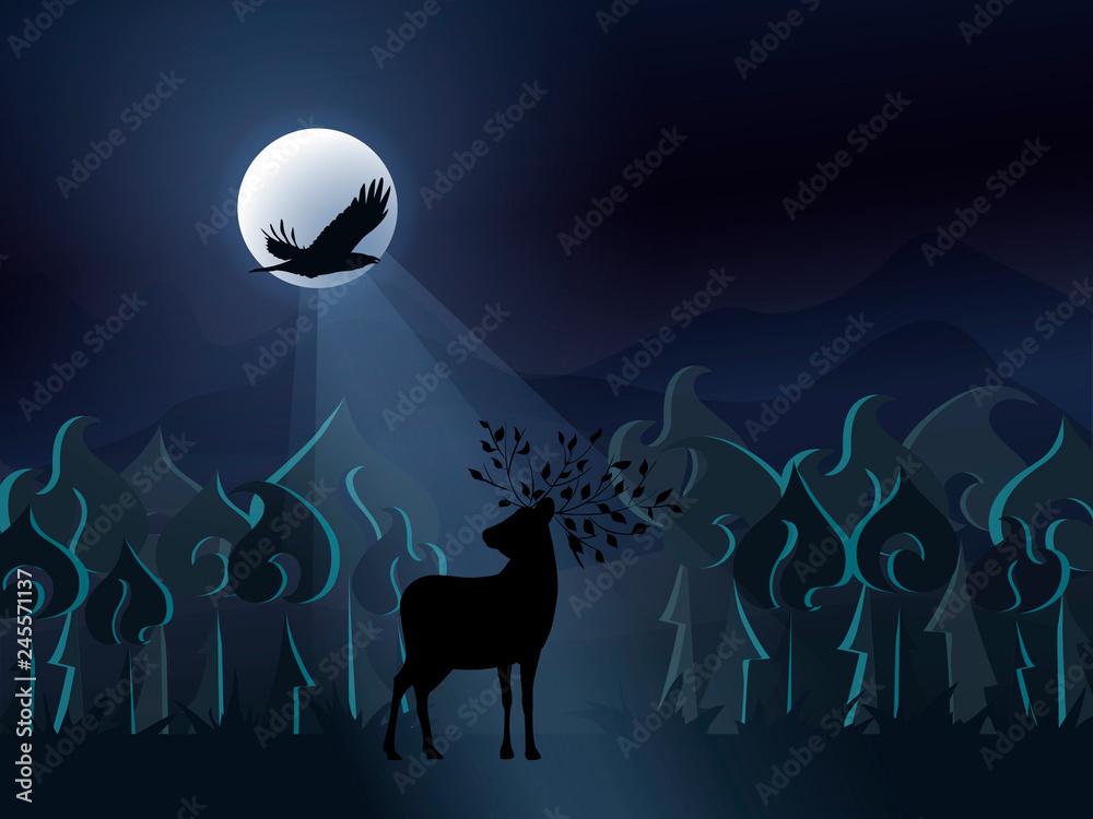 Fantasy misty night forest with a deer silhouette and a flying black bird on the background of the full moon. Vector nature illustration