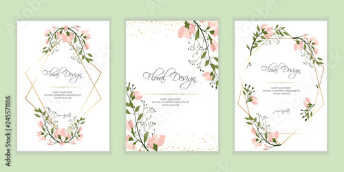 Frame on flower background. Wedding Invitation, modern card Design. geometric golden frame print. eps 10.