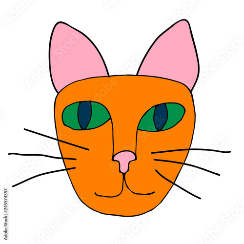 Cartoon doodle cat's muzzle isolated on white background. Vector illustration.  