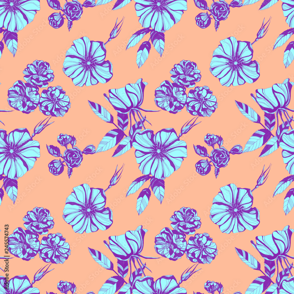 wild roses seamless pattern. Hand drawn ink illustration. Wallpaper or fabric design.