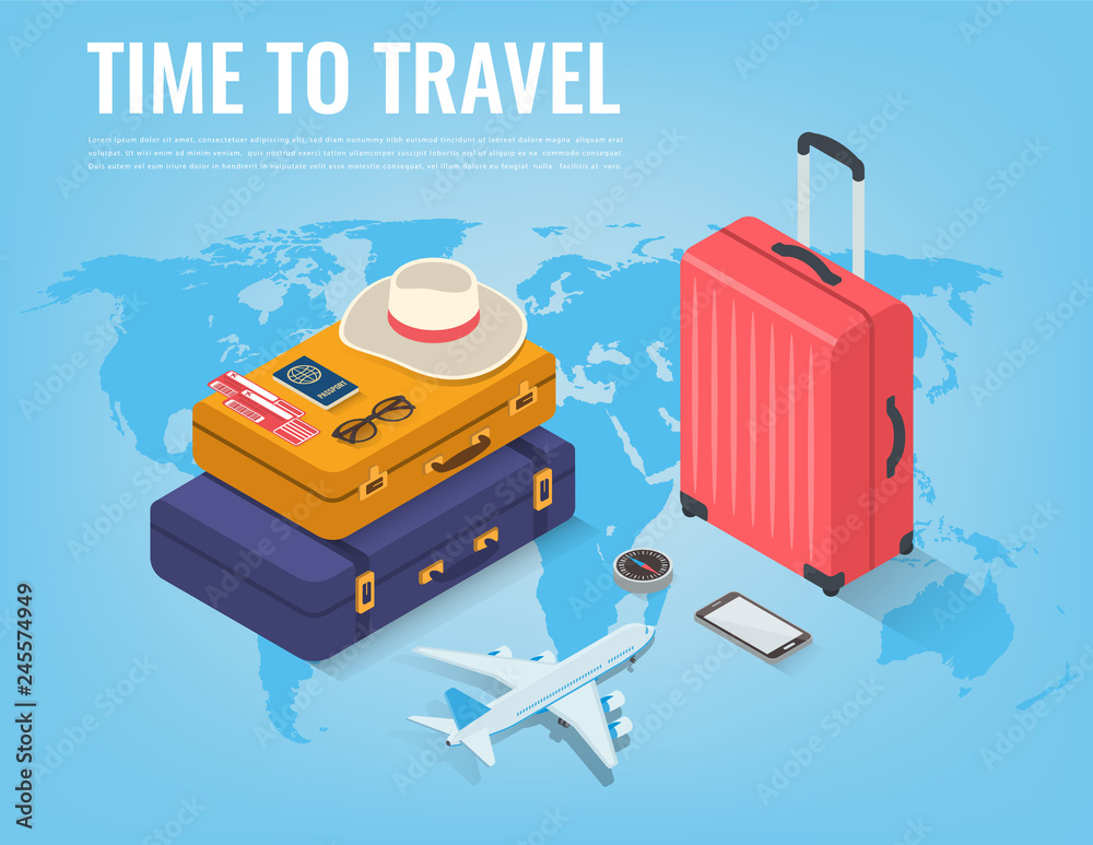 Fototapeta premium Travel equipment in Isometric style. Travel and tourism concept. Vector