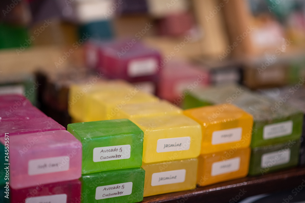 Soap assortment on shelf in store