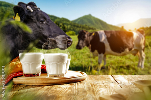 Fresh milk on wooden desk and spring landscape with cows and mountains 